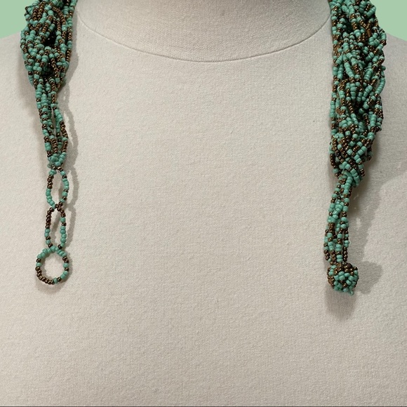 Multi Strand Turquoise Copper Braided Chain Beaded Choker Necklace - Picture 3 of 4